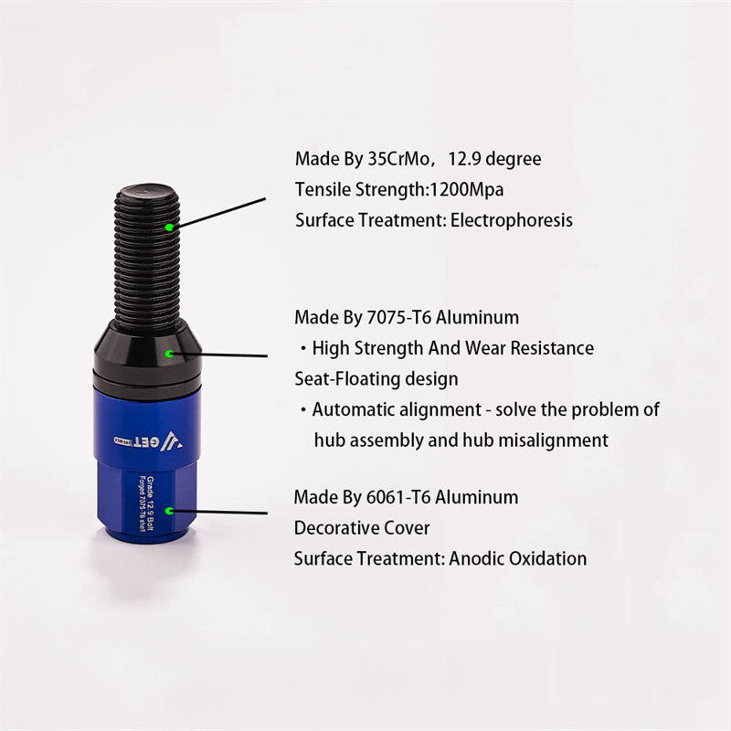 20PCS M14x1.5 Blue Wheel Lug Bolt 35mm Shank Cone for Seat Stud for Most Aftermarket