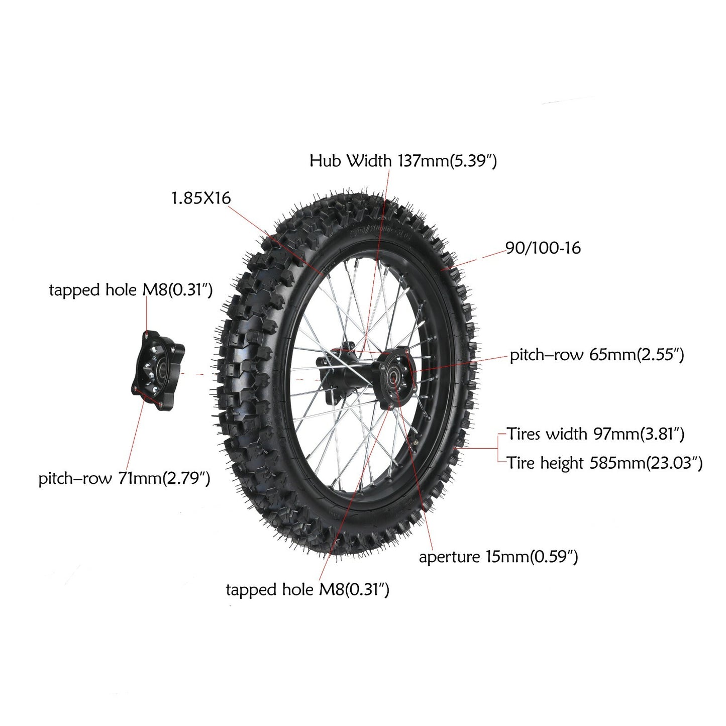 90/100-16 Rear Tire Rim Chain Sprocket Fo Dirt Pit Bicycle TTR125 KX100 CRF100