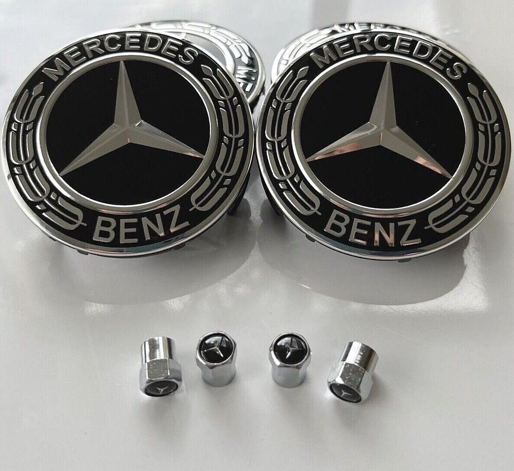 8-piece set of AMG car wheel center caps, black AMG wheels, and tire valve caps (75mm).