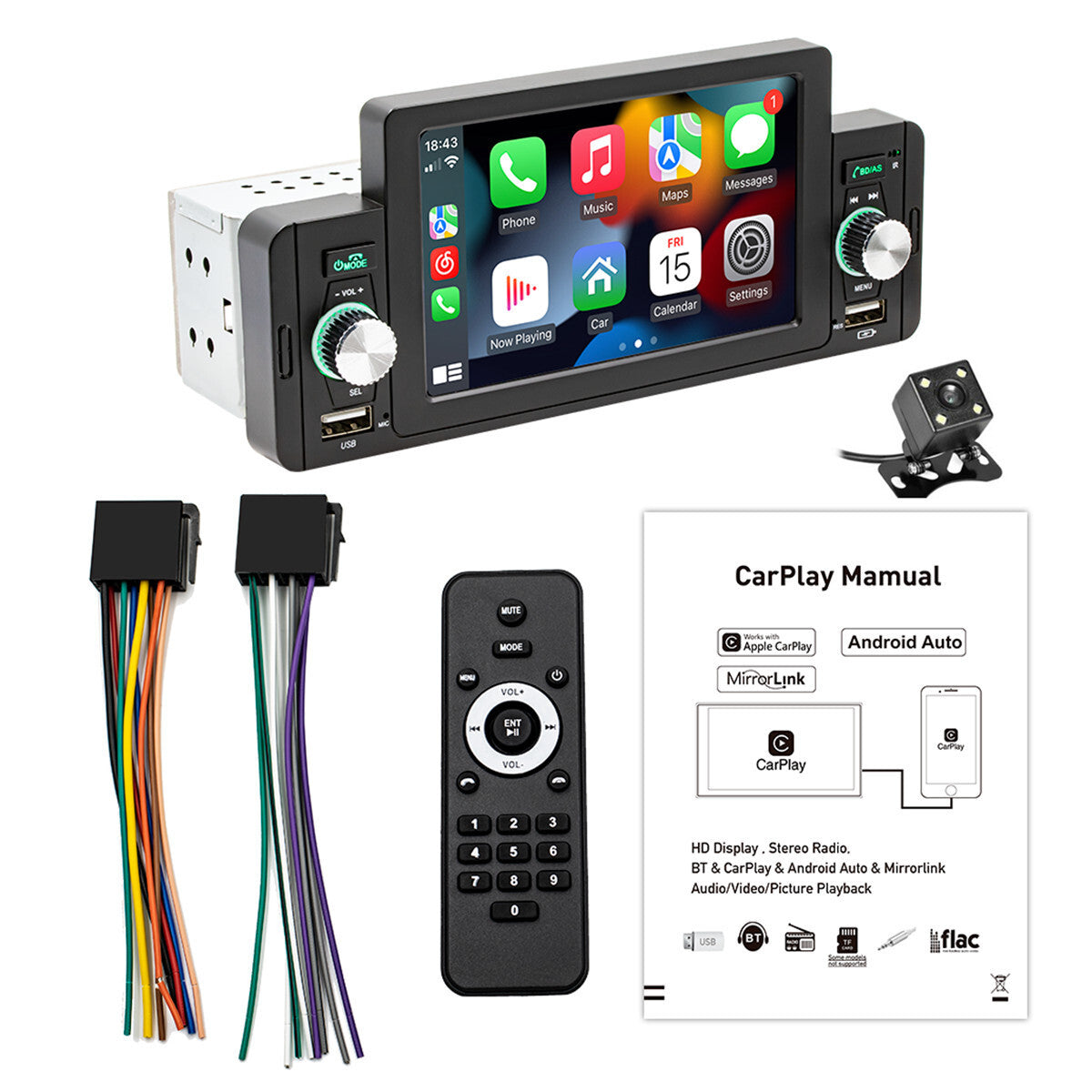 1Din Car Stereo Radio Bluetooth For Apple Carplay Android Auto MP5 Player Camera