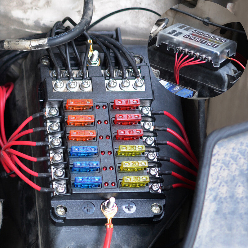 12-channel automatic fuse box, 32V with LED indicator, suitable for use in cars, trucks, boats, RVs, and ships.