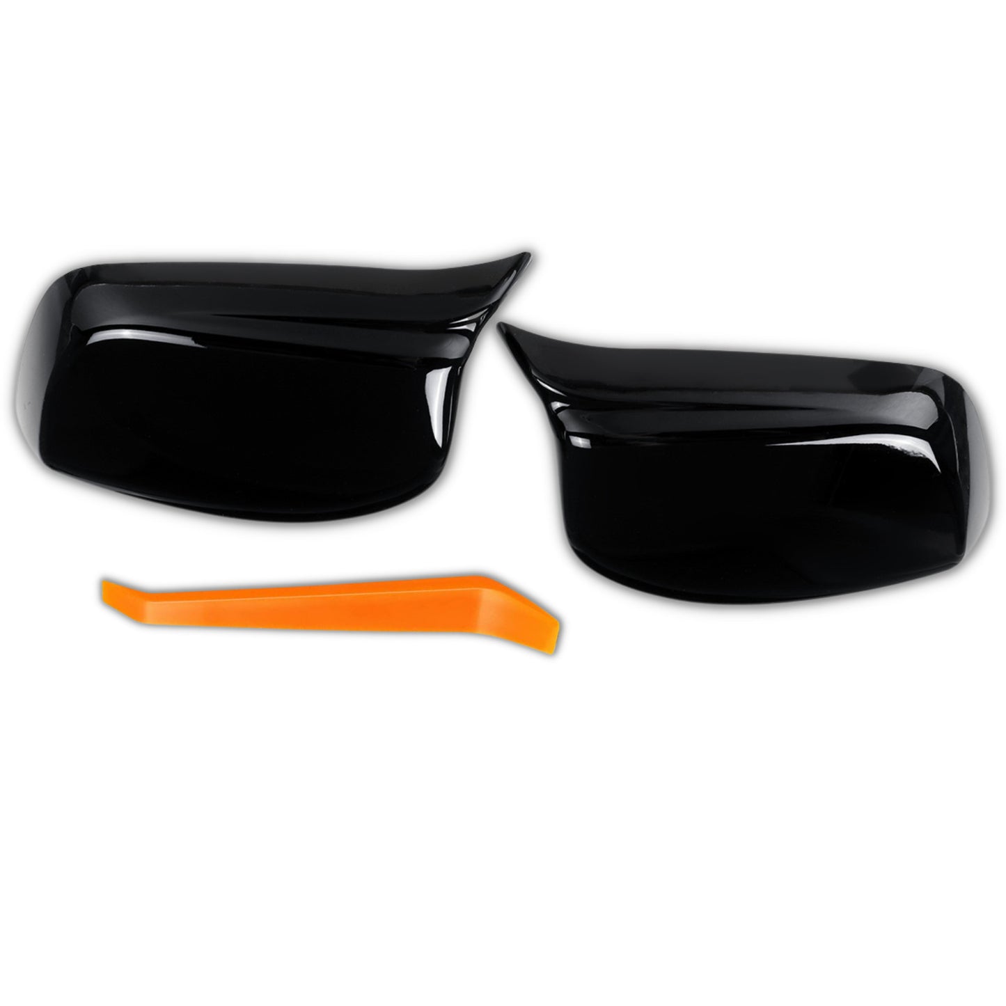 A pair of glossy black mirror-finish protective cases, Model M, suitable for 2003-2008 for BMW E60, E61, E63, E64