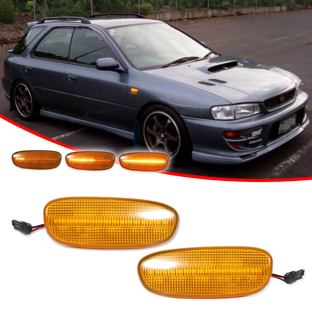 For 1993-01 for Subaru Impreza: Sequential amber fender LED side marker lights flashing.