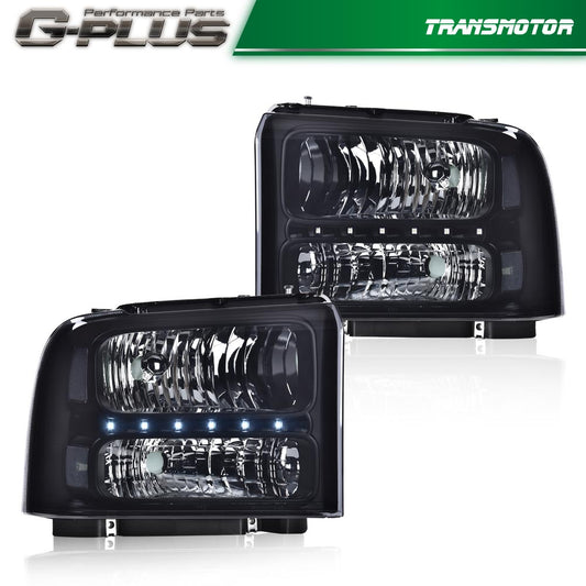 Replacement headlights for 2005-2007 F250, F350, and F450 Super Duty LED DRL vehicles.