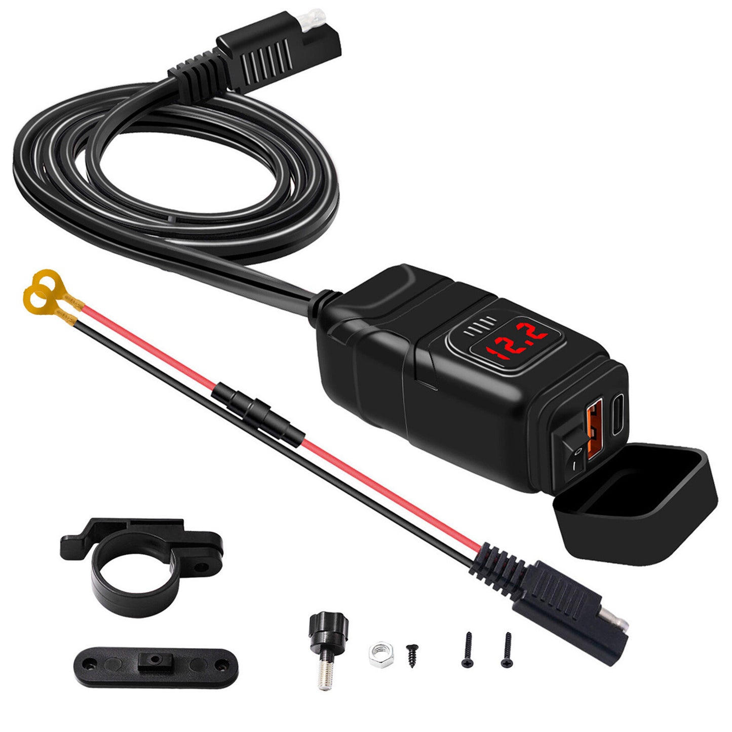 QC3.0+PD Motorcycle Dual USB Phone GPS Fast Charger Adapter Voltmeter Waterproof