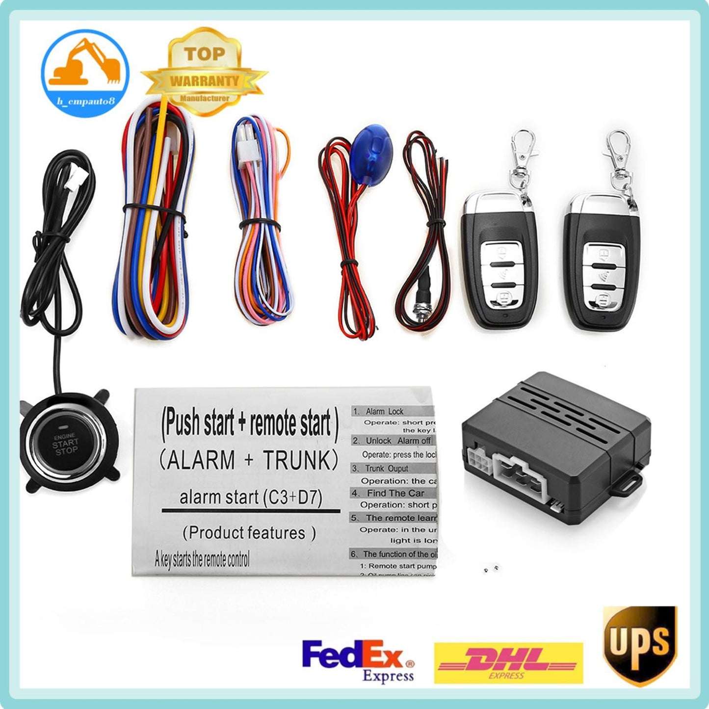 Universal Car Alarm Remote Start Keyless Push Start System For 12V Car Set