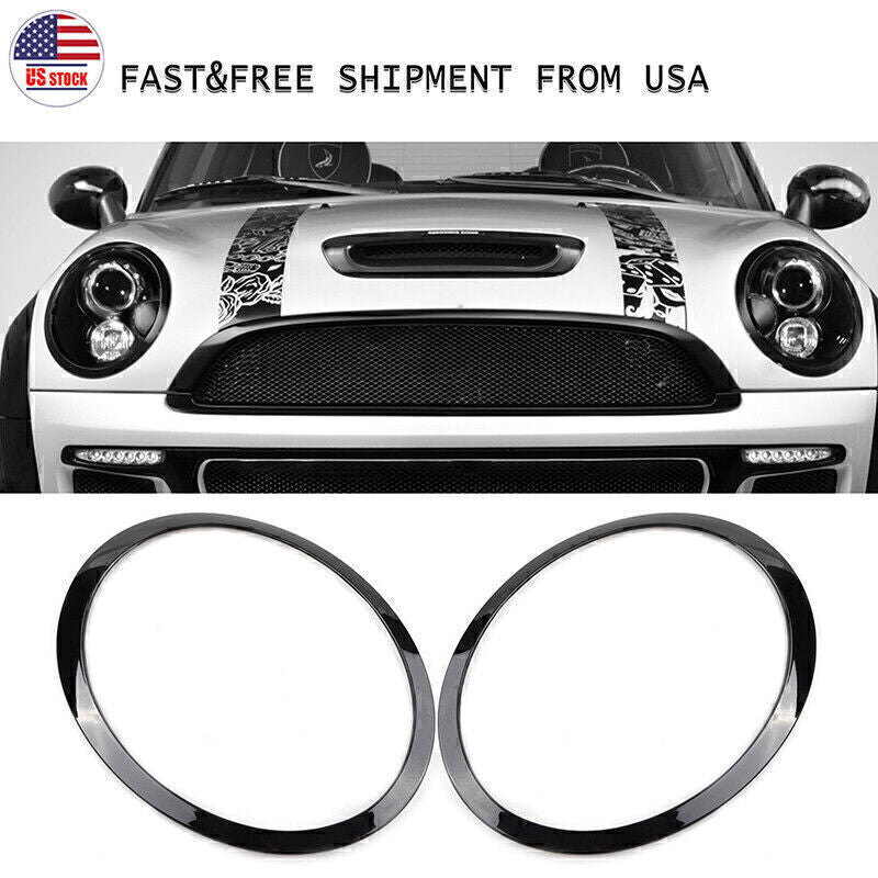 Headlight trim rings left and right for Mini Cooper R55 R56 2007-2015, glossy black, USA.