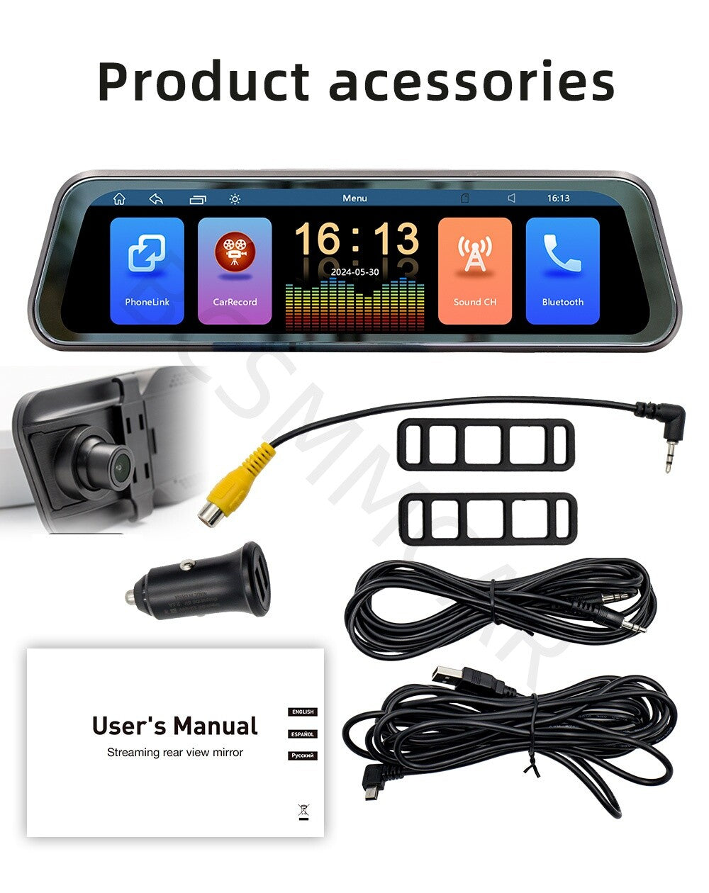 9.36in Car Radio Rearview Mirror Dash Cam Recorder Touch Screen Bluetooth FM TF