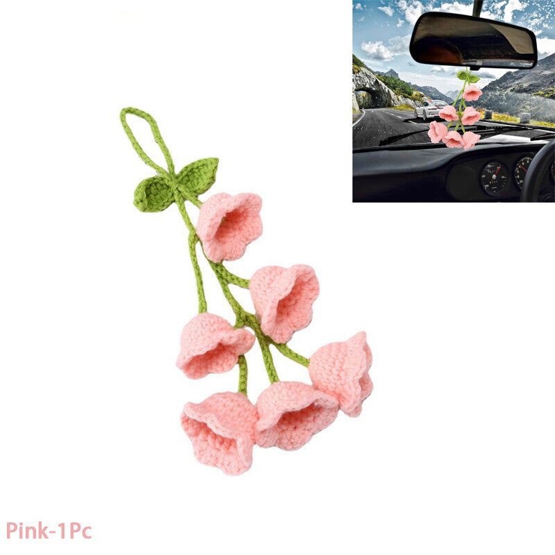 1Bell flower Hand Knitted Cute Car Accessory for Rear View Mirror Hanging Pink