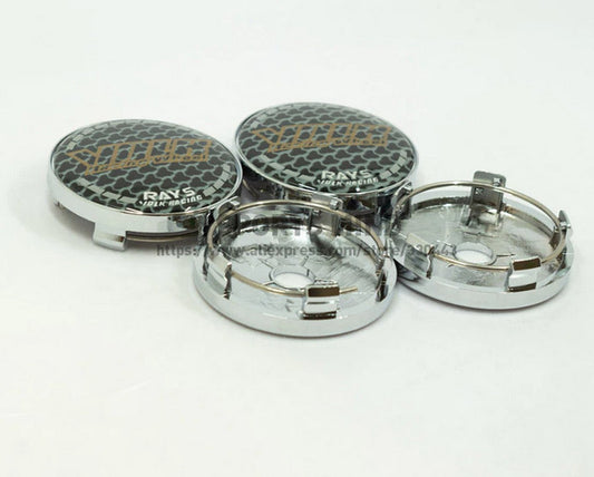 4-piece set of 60mm Volk racing badge wheel center caps, hubcaps, and rim caps in chrome alloy.