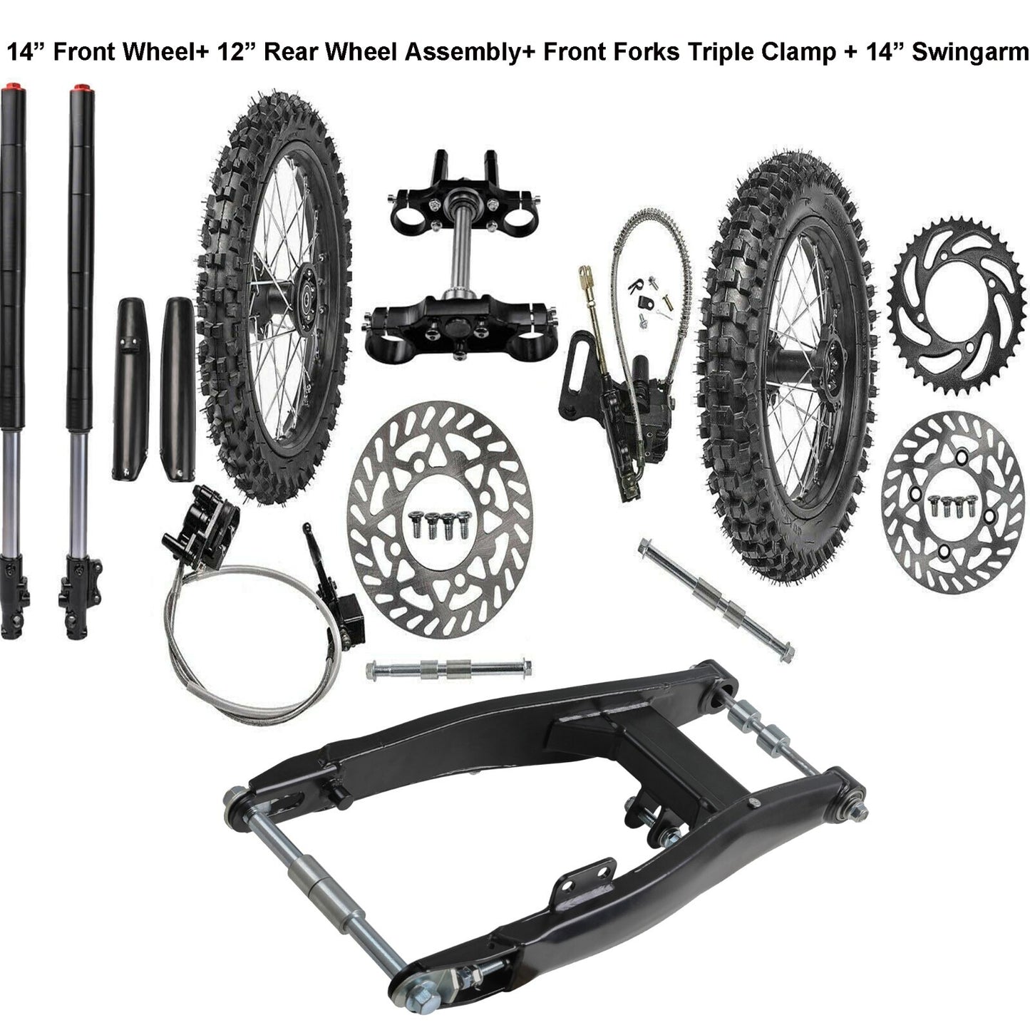 14-inch and 12-inch wheels, 80/100-12 tires + swingarm + fork. for Mini off-road bike SSR 125 KX65.