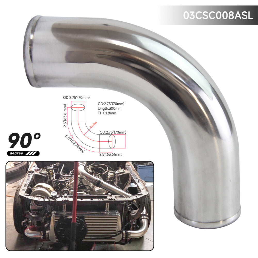 90 Degree 70mm 2.75 Aluminum Intercooler Intake Pipe Piping Tube Hose Silver