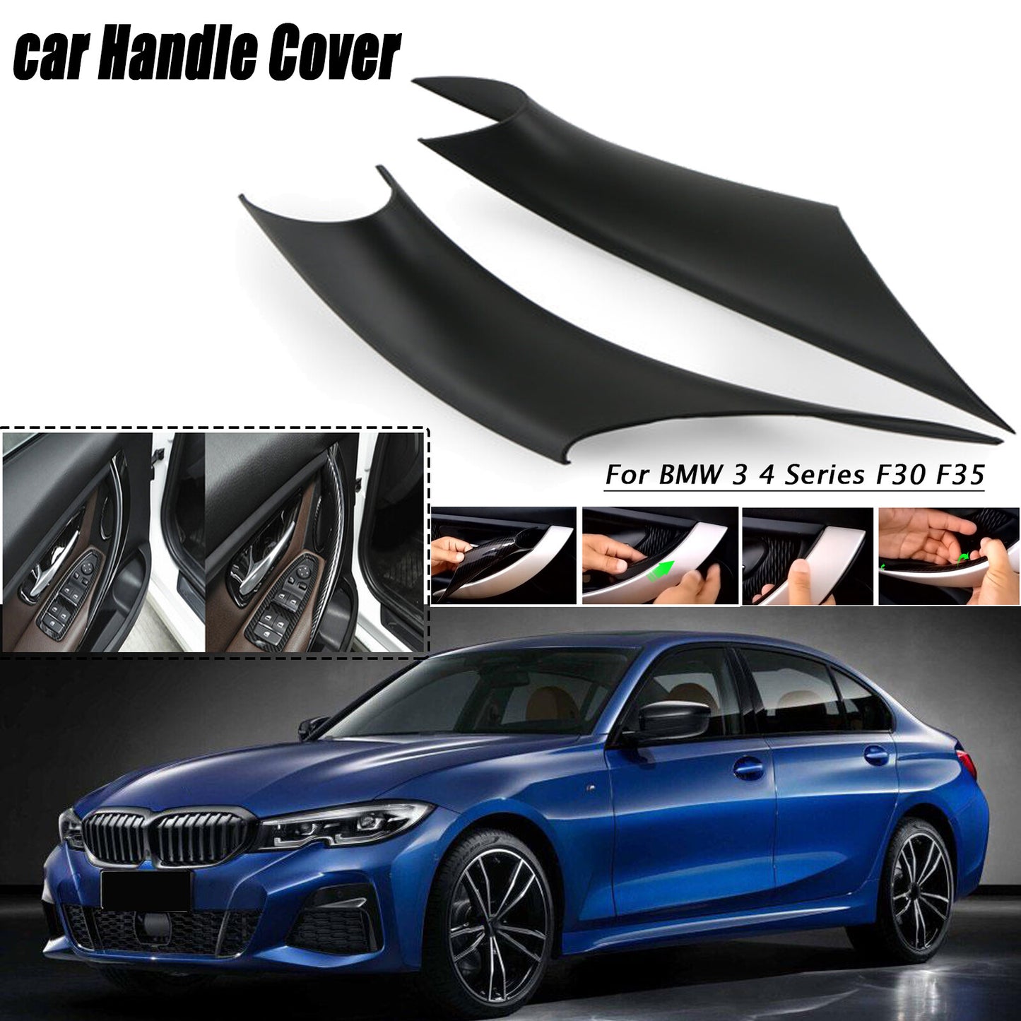 A pair of black inner door handle cover protectors for BMW 3 Series, 4 Series, F30, F35