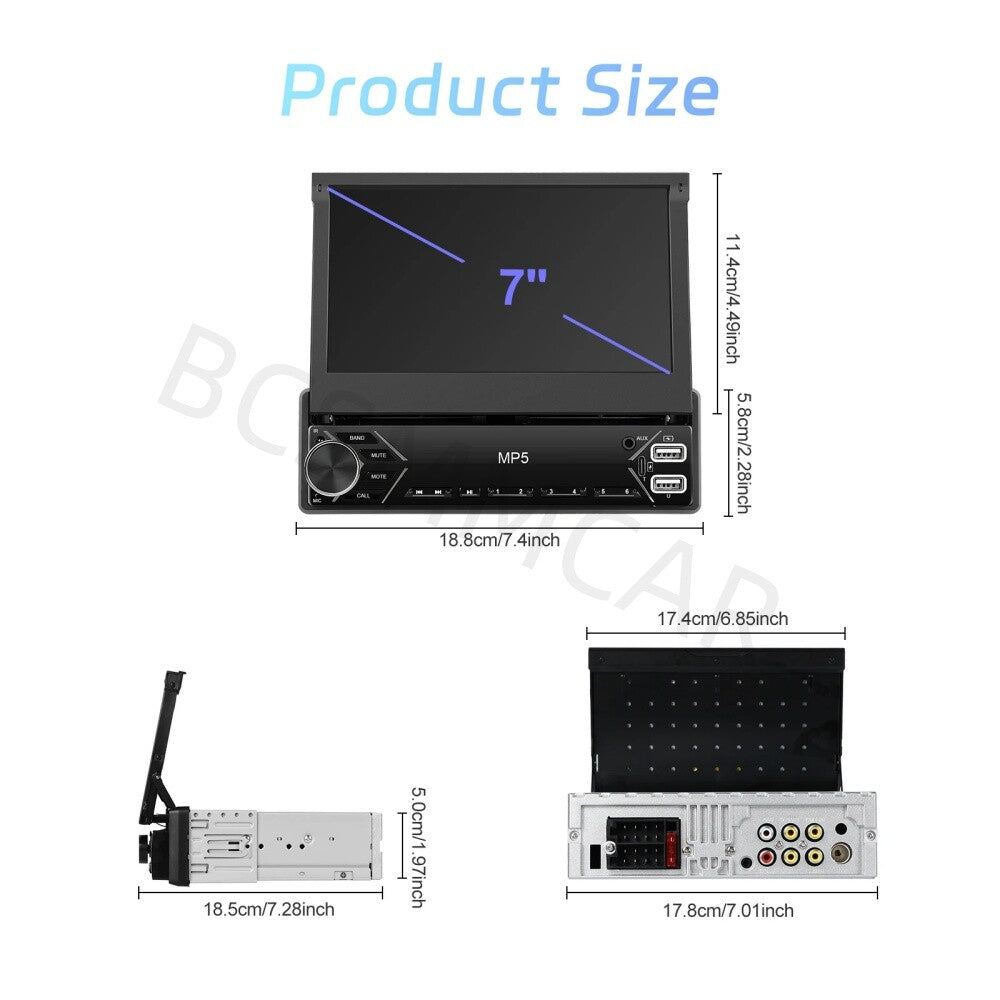 1 DIN 7in Car Stereo Radio MP5 Player Bluetooth Touch Screen With Rear Camera