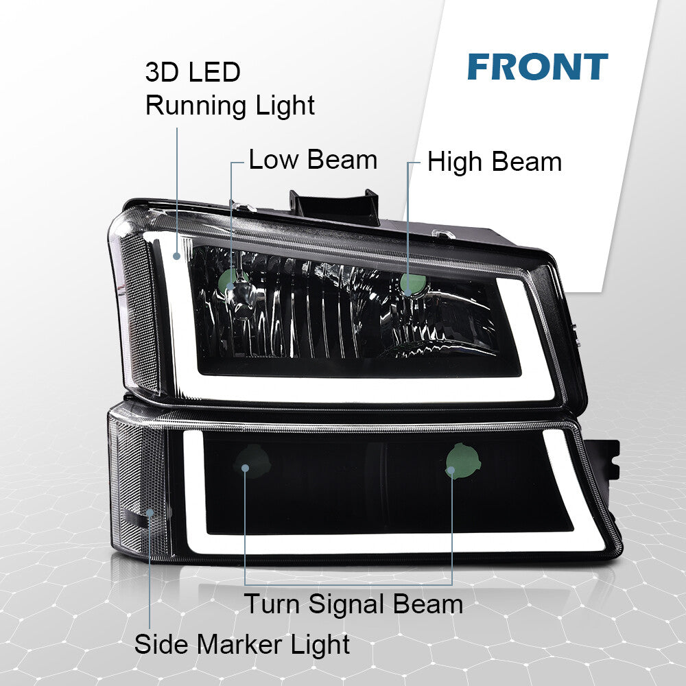 Black housing LED DRL headlights with transparent signal bumper suitable for 2003-2007 Silverado.