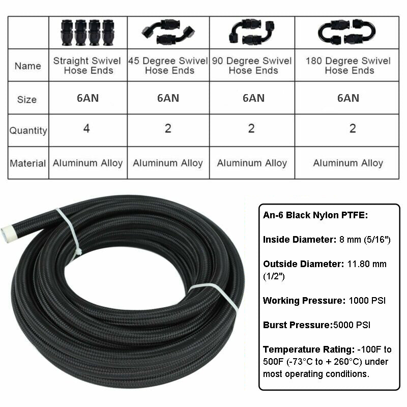 6AN -6AN Nylon E85 PTFE Fuel Line 20ft Inlet Line 10 Fittings Hose Kit E85