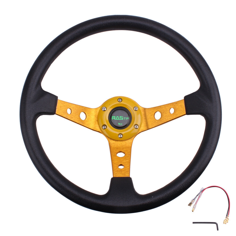 Gold 13.5 Universal 9.5cm Deep Dish PVC GRIP Drifting Racing Steering Wheel
