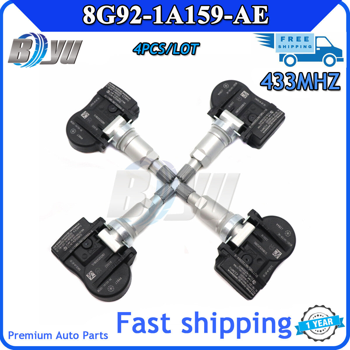 Tire pressure sensor TPMS 8G92-1A159-AE 433MH, 4 new units for Volvo , for Peugeot , for Citro?n .
