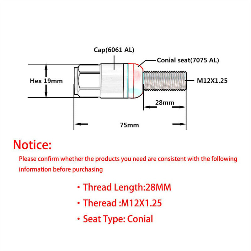 M12x1.25Wheel Lug Bolt 20pc Cone for Seat Stud 28mm Shank for Jeep for Chrysler Titanium