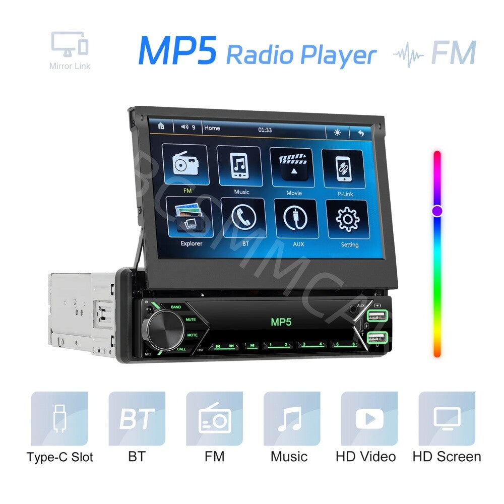 Single 1 DIN 7IN Car Radio Stereo Player HD Touch Screen Flip Out SWC AUX USB