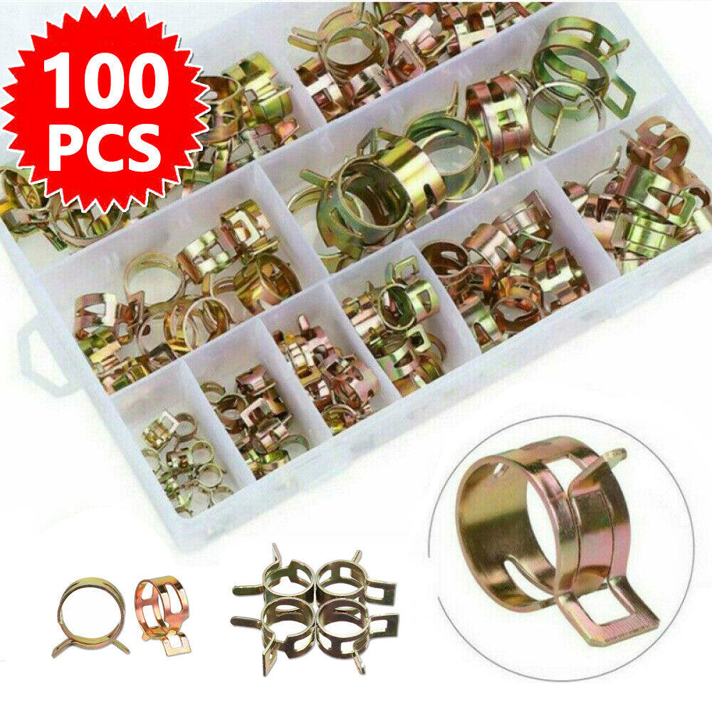 100x 6-17mm Fuel Hose Line Water Pipe Air Tube Spring Clip Clamps Assortment Kit