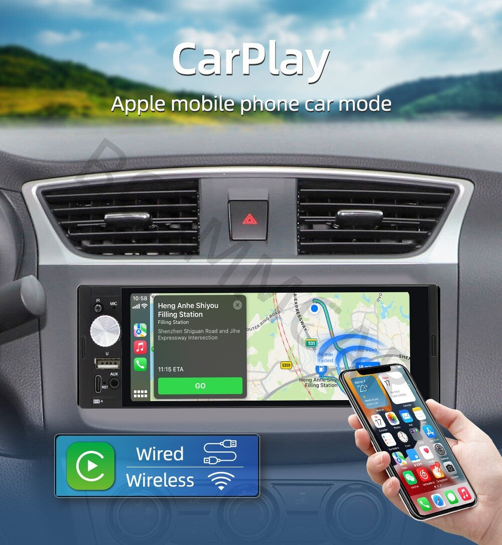 Single 1Din 6.36in Touch Screen Car Stereo Bluetooth Radio For Apple Carplay FM