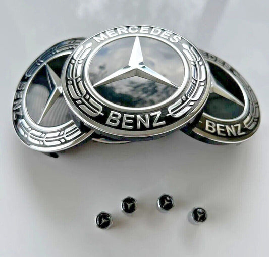 8-piece set of AMG car wheel center caps, black AMG wheels, and tire valve caps (75mm).