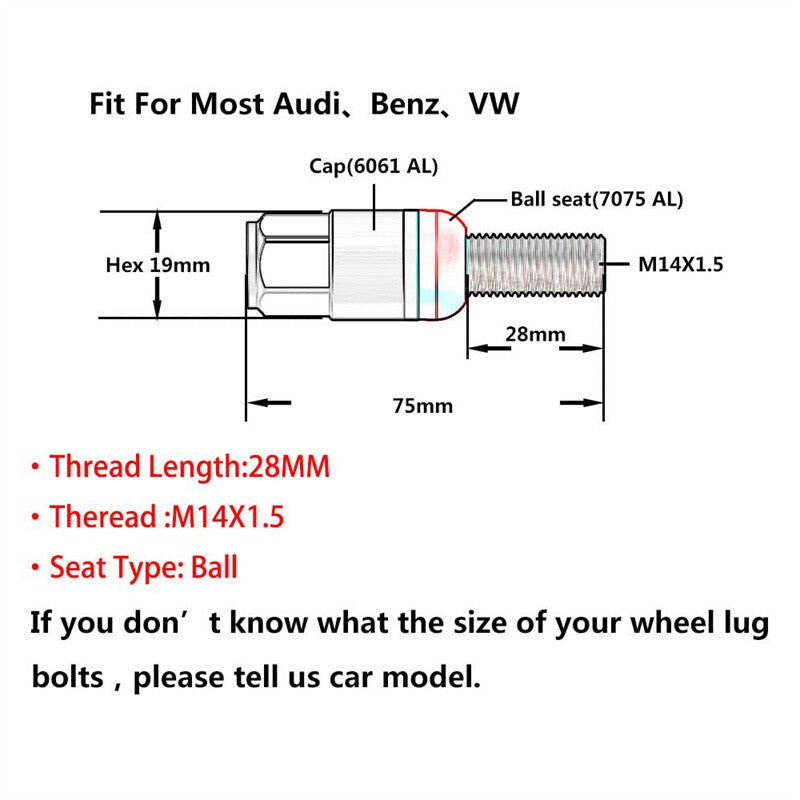 20PCS M14x1.5 Black Wheel Lug Bolt 28mm Shank Ball for Seat Stud for Audi for VW for Benz