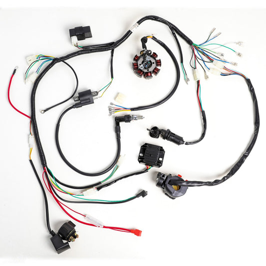 Wiring harness suitable for 150cc and 200cc Dirt bicycles, all-terrain vehicles, go-karts, and four-wheel off-road vehicles.