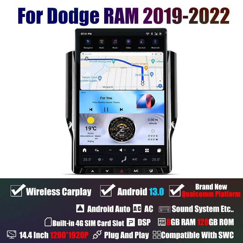 for Dodge for Ram 2019-2022 Android 13.0 Vertical Screen 2K 14.4¡å Screen GPS Radio