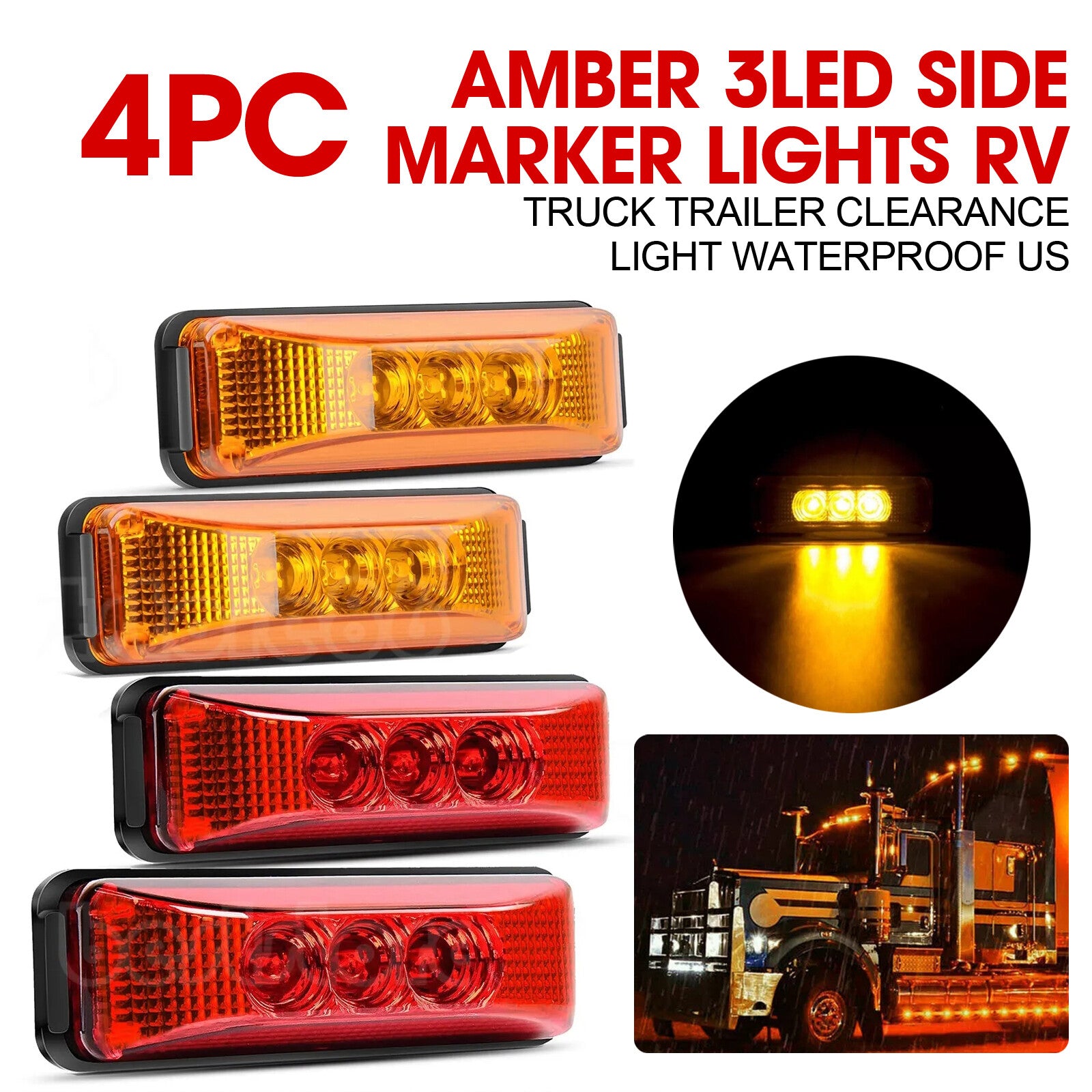 4-Pack Amber 3LED Side Marker Lights for RVs, Trucks, and Trailers - Waterproof.