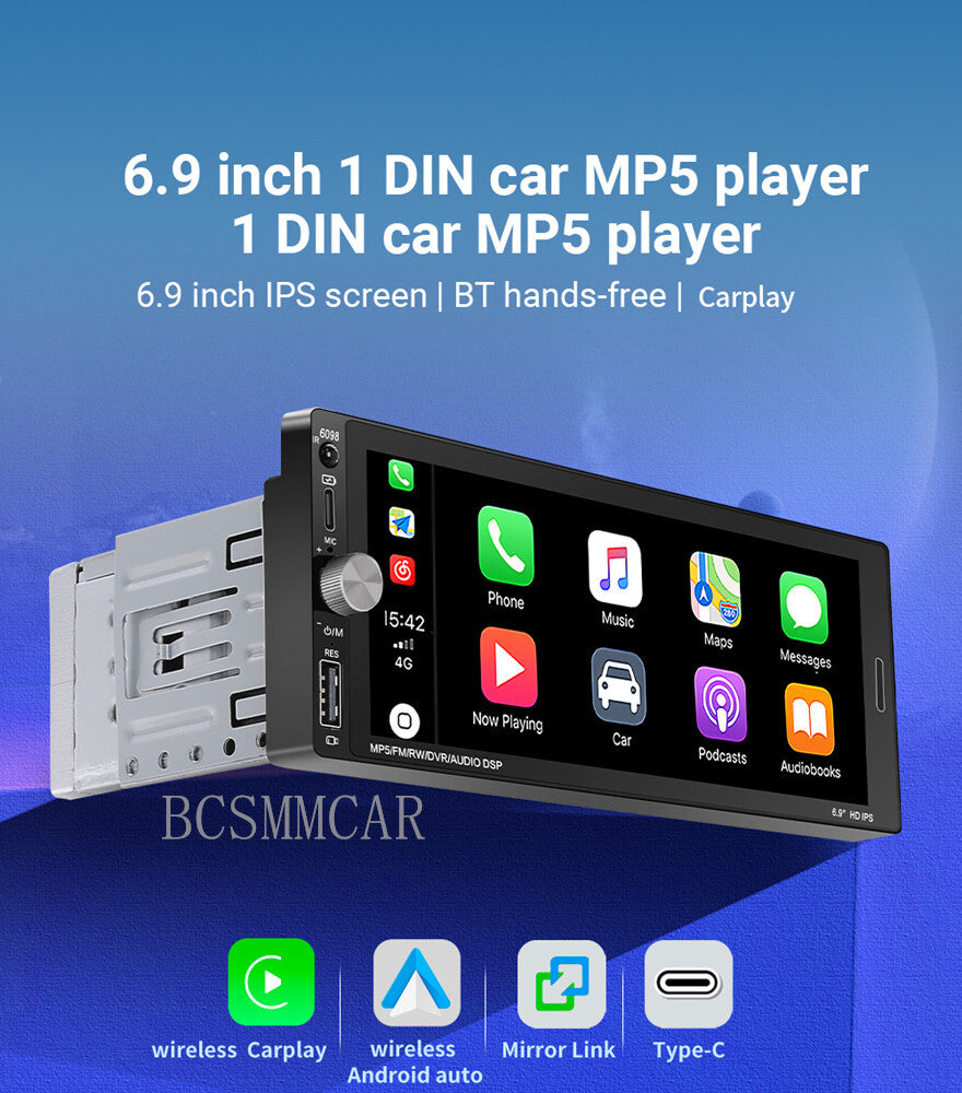 1Din Car Radio MP5 Player 6.9 inches Touch screen For Apple Carplay Android Auto