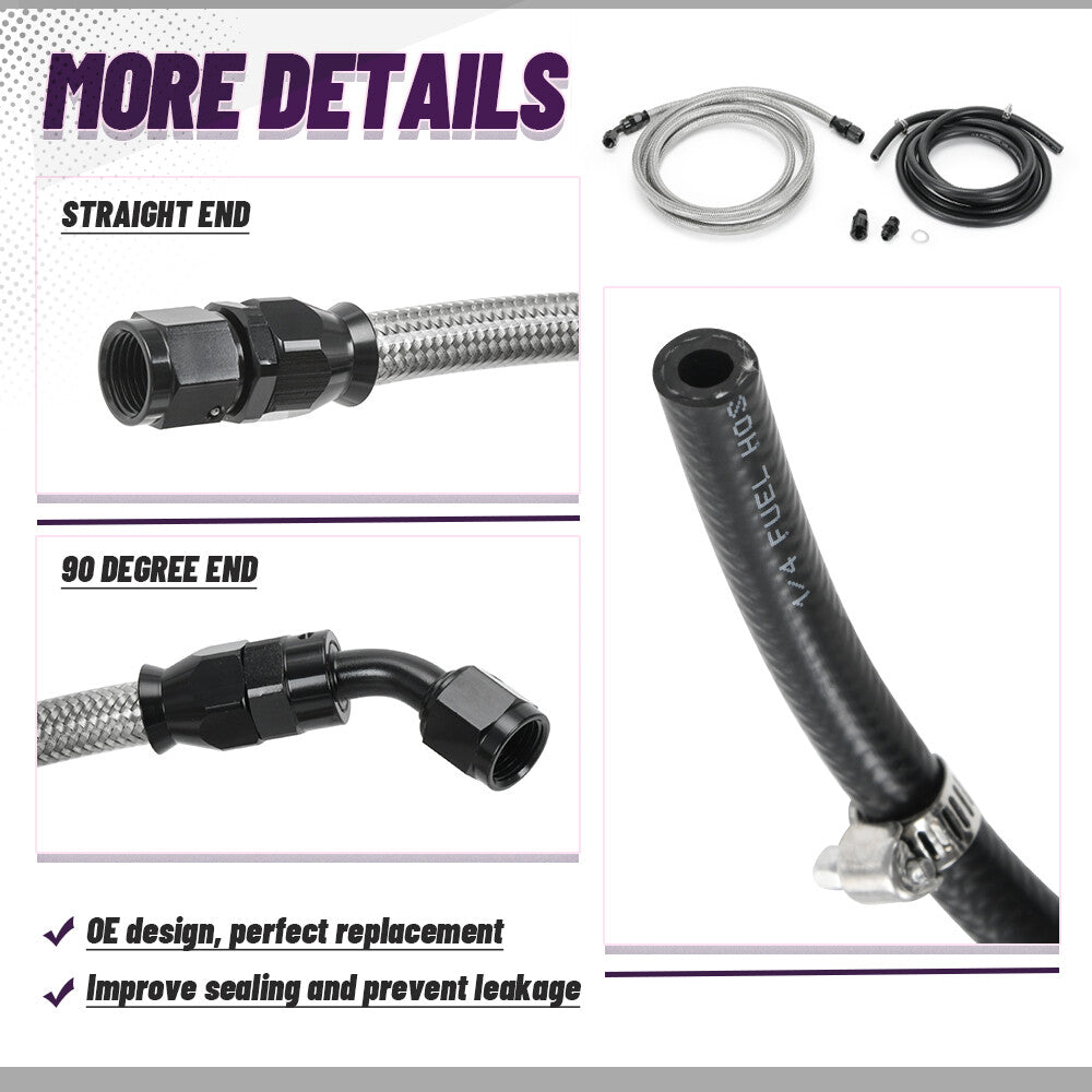 For 96-00 for Civic 4dr Sedan Black Stainless Steel Fuel Feed Line  Rubber Return