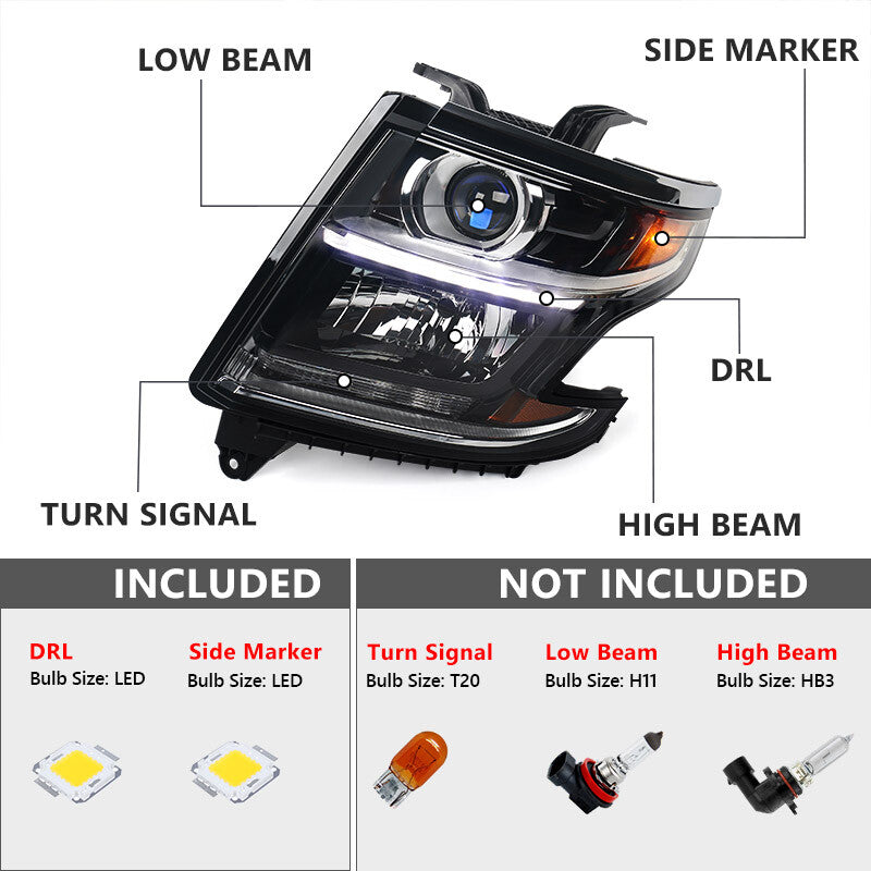 2P For 2015-2020 for Chevy Tahoe/Suburban Halogen Projector Headlights Left Right