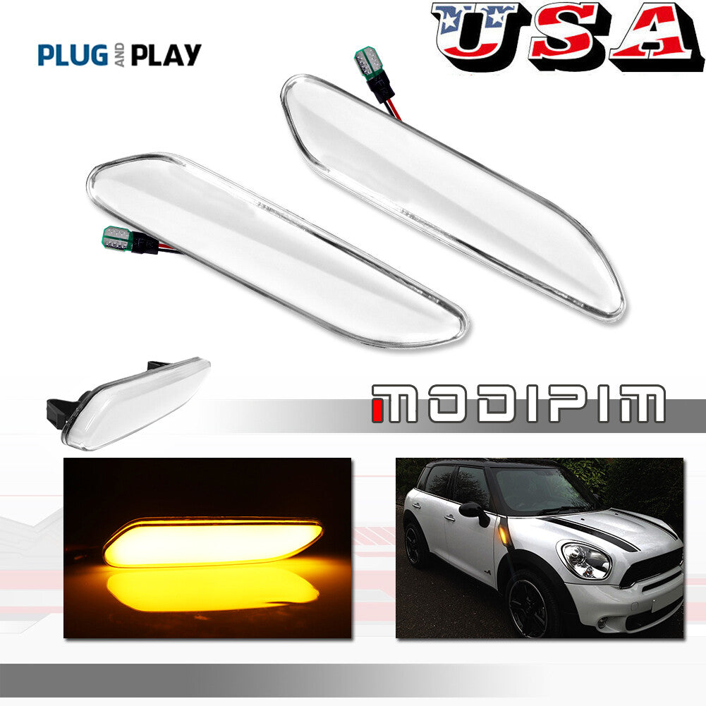 Suitable for Mini Cooper R60 R61, Amber LED Front Fender Side Marker Lights, Transparent