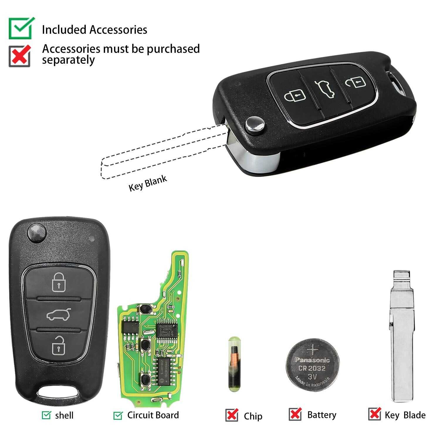 5Pcs XNHY02EN Car Wireless Remote Key for Hyundai Style Flip 3 Buttons