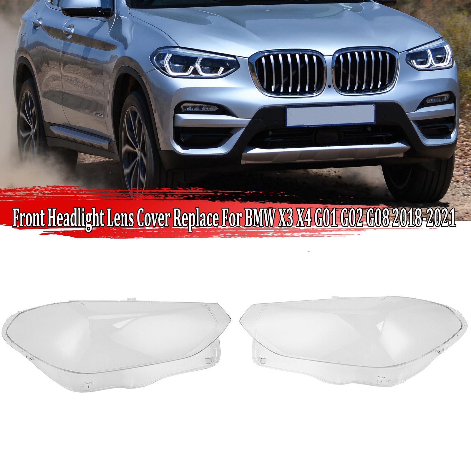 A pair of transparent headlight lens replacement covers for BMW X3 X4 G01 G02 G08 2018-2021