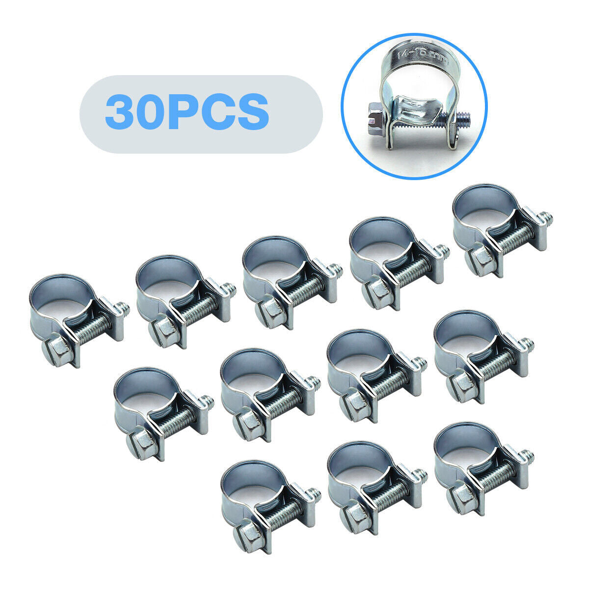 30-piece pack of 1/4 inch, 5/16 inch, and 3/8 inch fuel injection gas line steel hose clamps