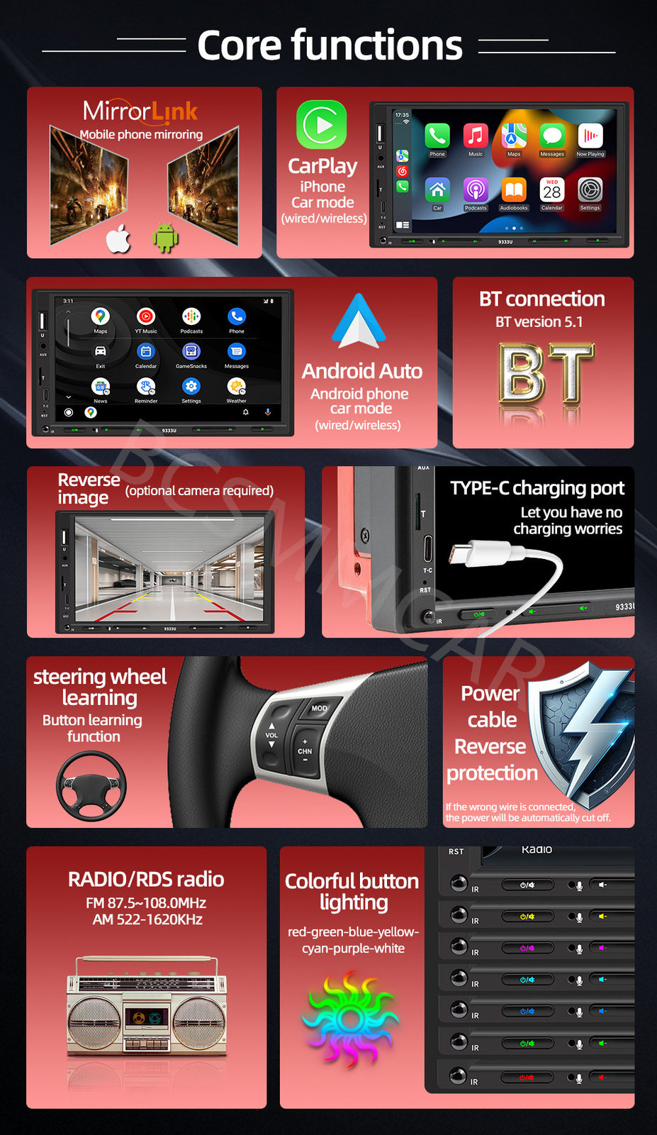 7 2Din Car Stereo Radio Player Bluetooth For CarPlay AUX Mirror Link Camera