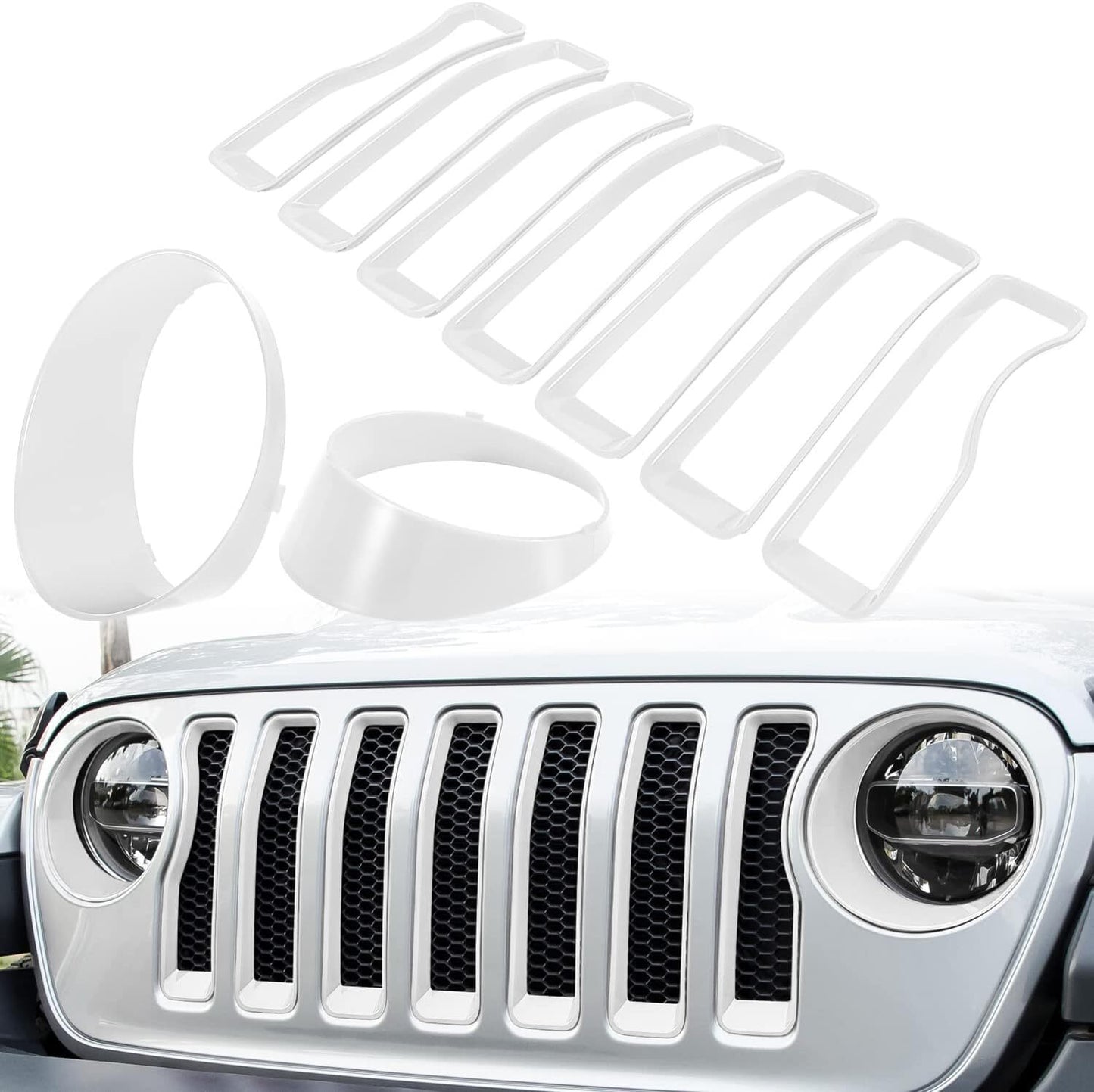 White front grille inserts and headlight trim covers are available on the for Jeep for Wrangler JLU