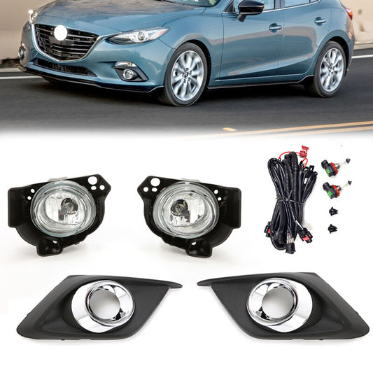 A pair of clear lens fog light kits with bezels, wires, and switches for Mazda 3 2014-2016.
