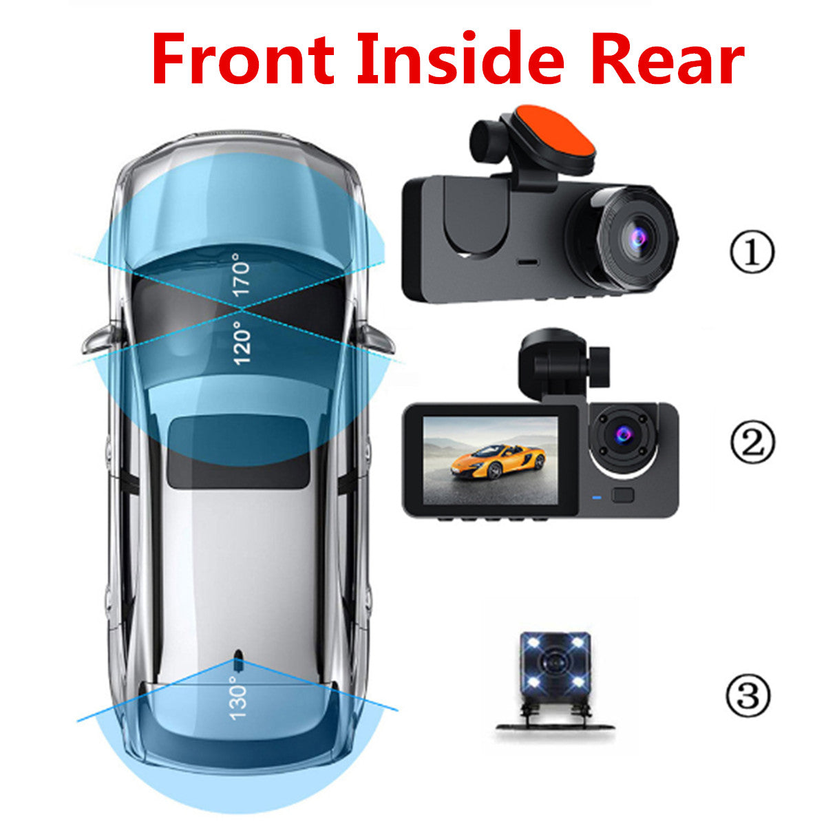 3 Lens Car DVR Dash Cam Video Recorder Front Rear Inside Camera Night Vision