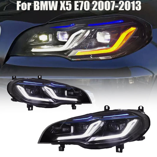 A pair of LED headlights for BMW X5 E70 2007-2013 HID projector DRL replacement headlights.
