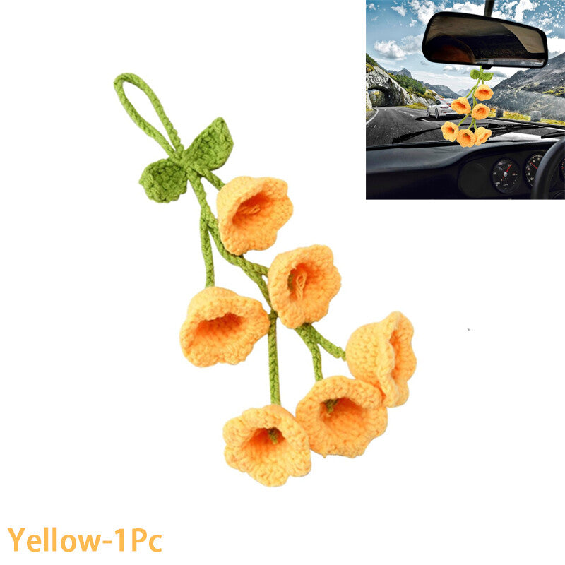 Bell Flower Hand Knitted Cute Car Accessory for Rear View Mirror Hanging Yellow