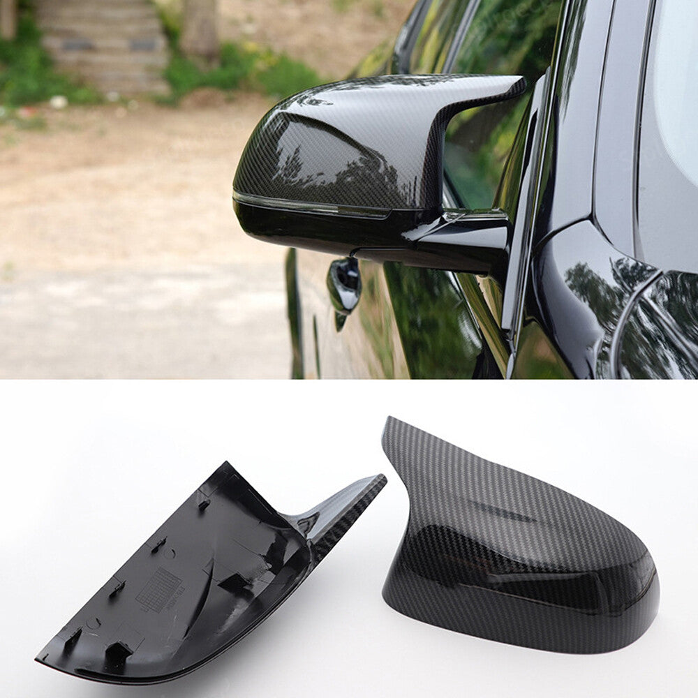Carbon fiber side mirror protectors, Model M, suitable for BMW X3, F25, X5, F15, X6, and F16 (2014-2018).