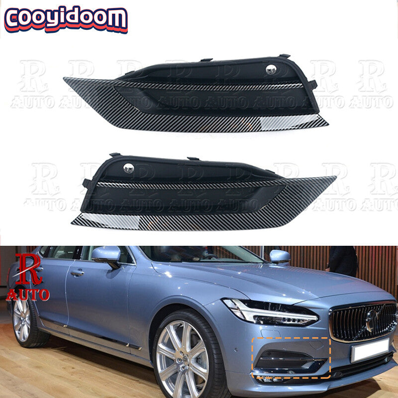 Pair Fog Light Grille Front Bumper Carbon Fiber Style for VOLVO S90 V90 2016-19