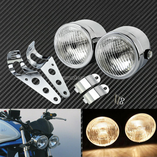 Chrome Twin Front Headlight W/ Bracket Fit for Harley Dual Sport Street Fighter