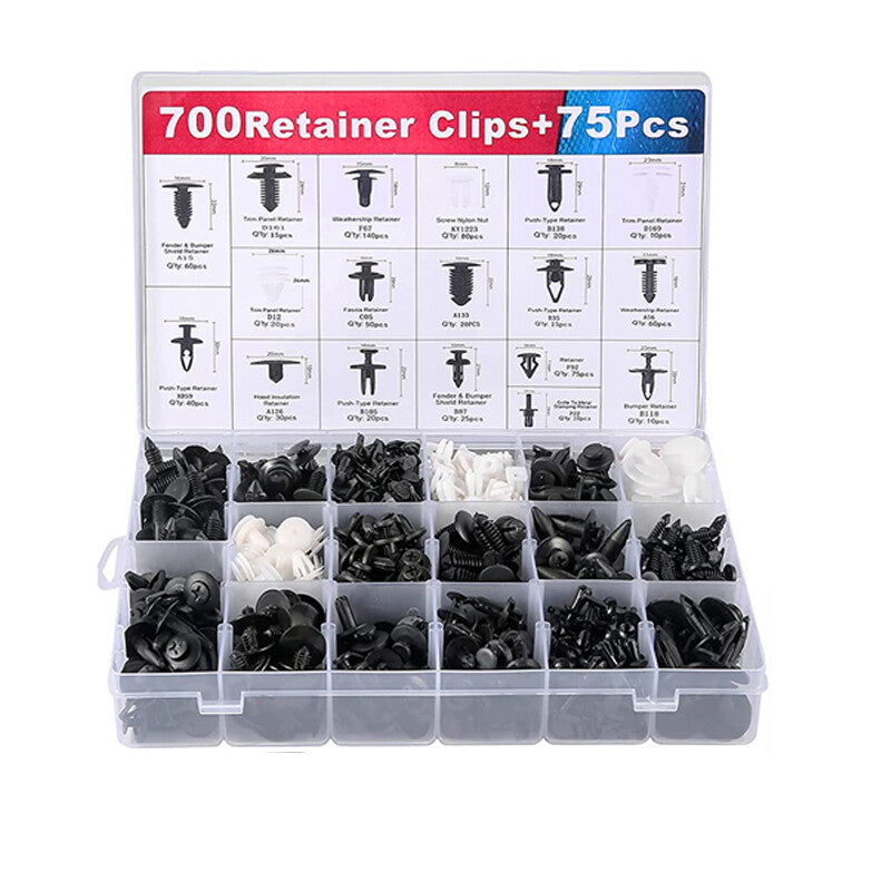 775-piece pack of automotive side skirts, rivet panels, fasteners, and universal clamping molds