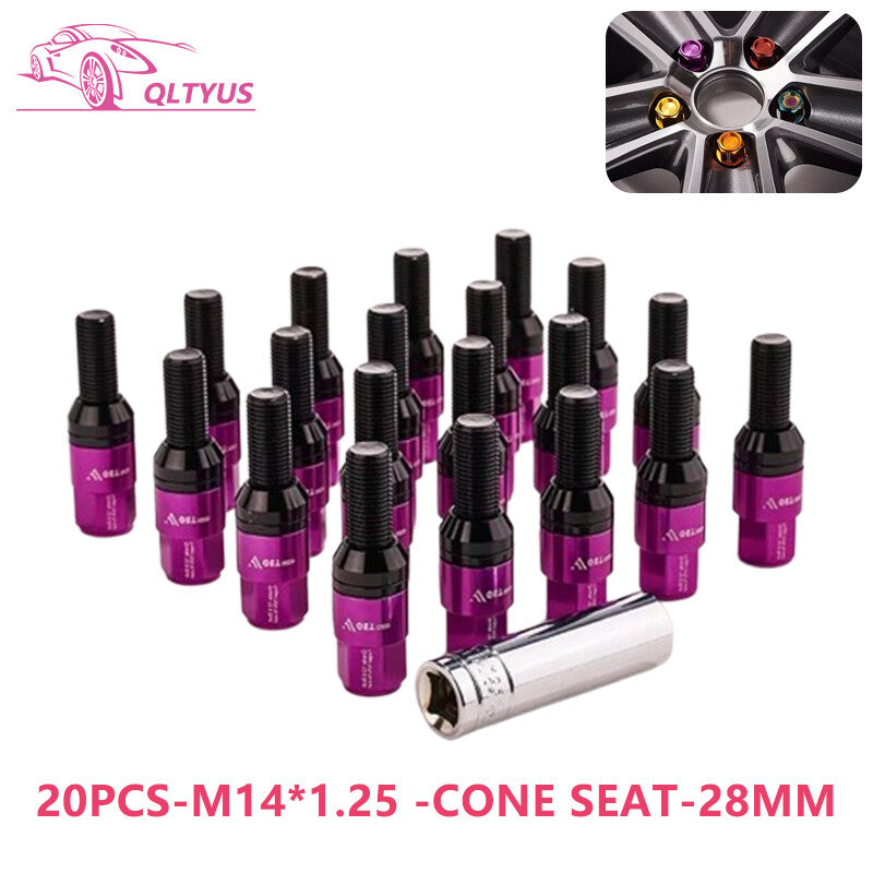 20PC 28mm M14x1.25 Wheel Lug Bolt Cone for Seat Stud Set for Most Aftermarket Purple