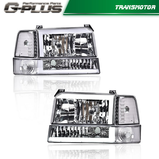 Headlights suitable for 1992-1996 for Ford F150, F250, and F350 with dual LED DRLs and chrome bumper lights.